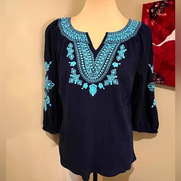 Talbots Navy and Turquoise Embroidered
Peasant Blouse, size Small - Picture 1 of 7